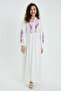 Women's White Embroidery Embroidered Buttoned Placket Collar Long Sleeve Long Ethnic Authentic Dress - 4