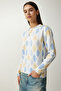 Women's Yellow Blue Patterned Soft Textured Knitwear Sweater LU00022 - 2