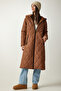 Women's Brown Hooded Quilted Coat with Pockets DD01285 - 5