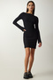 Women's Black Boat Neck Ribbed Saran Knitted Dress UB00219