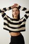Women's Black Cream Striped Crop Knitwear Sweater PF00058
