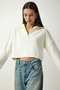 Women's Ecru Zipper Collar Knitwear Sweater PF00055 - 3