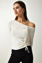 Women's White Gather Detailed Knitted Blouse MZ00045 - 2
