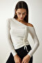 Women's White Gather Detailed Knitted Blouse MZ00045 - 3