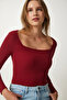 Women's Claret Red Square Neck Corded Knitted Blouse GT00052