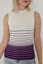 Women's Ecru Purple Striped Zero Sleeve Knitwear Body Sweater - 5