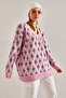 Women's Pink V-Neck Patterned Knitwear Sweater Stk264 - 3