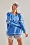 Women's Ice Blue V-Neck Letter Printed Oversize Knitwear Sweater Stk265 - 6
