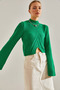 Women's Green Half Fisherman Patterned Crop Sweater Stk269 - 3