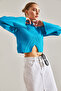 Women's Turquoise Half Fisherman Patterned Crop Sweater Stk269 - 5