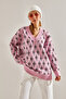 Women's Pink V-Neck Patterned Knitwear Sweater Stk264 - 4