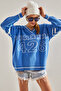 Women's Ice Blue V-Neck Letter Printed Oversize Knitwear Sweater Stk265 - 4