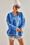 Women's Ice Blue V-Neck Letter Printed Oversize Knitwear Sweater Stk265 - 8