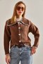 Women's Brown Buttoned Large Polo Collar Knitwear Cardigan Stk0005 - 6