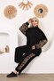 Women's Plus Size Half Zipper Detailed Lycra Viscose Tracksuit Set 21107 Leopard Sleeve