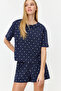 Lacivert %100 Pamuklu Puantiyeli ve Kalpli Şortlu Örme Pijama Takımı THMSS21PT1485