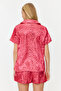 Pembe Çok Renkli Leopar Desenli Saten Şortlu Dokuma Pijama Takımı THMSS20PT0158 - 8