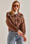 Women's Brown Buttoned Large Polo Collar Knitwear Cardigan Stk0005 - 5