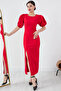 Balloon Sleeve Slit Atlas Dress 4317 - 3