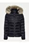 Fixed Hooded Quilted Padded Black Coat with Logo Dw0Dw08588-Bds