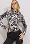 Women's Black Stand Collar Shoulder Gathered Draped Patterned Blouse ALC-X11131 - 3
