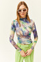 Women's Green Drape Detailed Front Lined Tulle Blouse BLZ-19002469 - 4