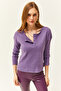 Women's Purple Buttoned Shirted Casual Sweater KZK-19000721 - 3