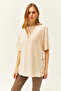 Women's Beige Buttoned Side Cotton T-Shirt TSH-19000762 - 2
