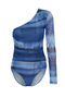 Lacivert Desenli Tek Omuzlu Fitted/Vücuda Oturan Çıtçıtlı Örme Body TWOSS24BD00010 - 7
