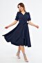 Navy Blue Double Breasted Collar Gathered Short Sleeve Sleeves Elastic Belted Midi Length Dress