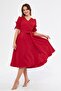 Red Double Breasted Collar Gathered Short Sleeve Sleeves Elastic Belted Midi Length Dress - 4