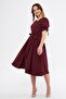 Burgundy Double-Breasted Collar Ruched Short Sleeve Dress with Elastic Sleeves and Belt, Midi Length - 2