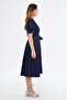 Navy Blue Double Breasted Collar Gathered Short Sleeve Sleeves Elastic Belted Midi Length Dress - 5