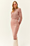 Women's Dried Rose Thin Strap Knitwear Dress Openwork Sweater Set TKM-19000241 - 6