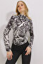 Women's Black Stand Collar Shoulder Gathered Draped Patterned Blouse ALC-X11131 - 4