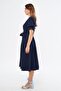 Navy Blue Double Breasted Collar Gathered Short Sleeve Sleeves Elastic Belted Midi Length Dress - 6