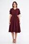 Burgundy Double-Breasted Collar Ruched Short Sleeve Dress with Elastic Sleeves and Belt, Midi Length - 4