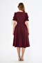 Burgundy Double-Breasted Collar Ruched Short Sleeve Dress with Elastic Sleeves and Belt, Midi Length - 8