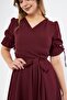 Burgundy Double-Breasted Collar Ruched Short Sleeve Dress with Elastic Sleeves and Belt, Midi Length - 7
