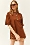 Women's Brown Buttoned Side Cotton T-Shirt TSH-19000762