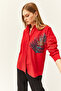 Women's Red Palm Sequin Detailed Oversize Woven Poplin Shirt GML-19001016 - 2