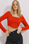 Woman's Red Square Neck Front Stitched Crop Blouse ALC-X11437