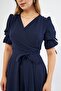 Navy Blue Double Breasted Collar Gathered Short Sleeve Sleeves Elastic Belted Midi Length Dress - 7
