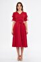 Red Double Breasted Collar Gathered Short Sleeve Sleeves Elastic Belted Midi Length Dress - 5