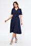 Navy Blue Double Breasted Collar Gathered Short Sleeve Sleeves Elastic Belted Midi Length Dress - 3