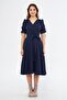 Navy Blue Double Breasted Collar Gathered Short Sleeve Sleeves Elastic Belted Midi Length Dress - 4