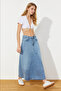 Mavi Volanlı Dikiş Detaylı Yüksek Bel Maxi Denim Etek TWOSS24ET00012 - 7