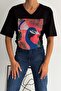 Women's Black V-Neck Large Size Peacock Sequin Embroidered 100% Cotton Large Size T-Shirt - 4