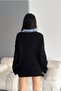 Women's Black Sleeved and Pocketed Knitted Oversized Denim Paneled Cardigan - 7