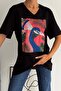 Women's Black V-Neck Large Size Peacock Sequin Embroidered 100% Cotton Large Size T-Shirt - 6